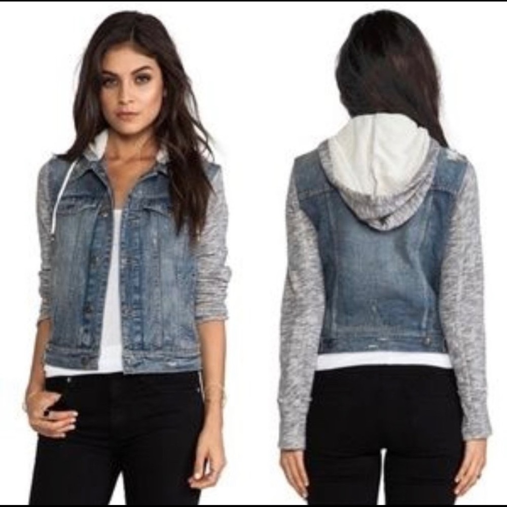 Free People Blue Denim Jacket with Gray Knit Hoodie Sleeves